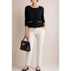 Paule Ka Paris Black Wool Blend Pom Pom Trim Button Front Cardigan Sweater M